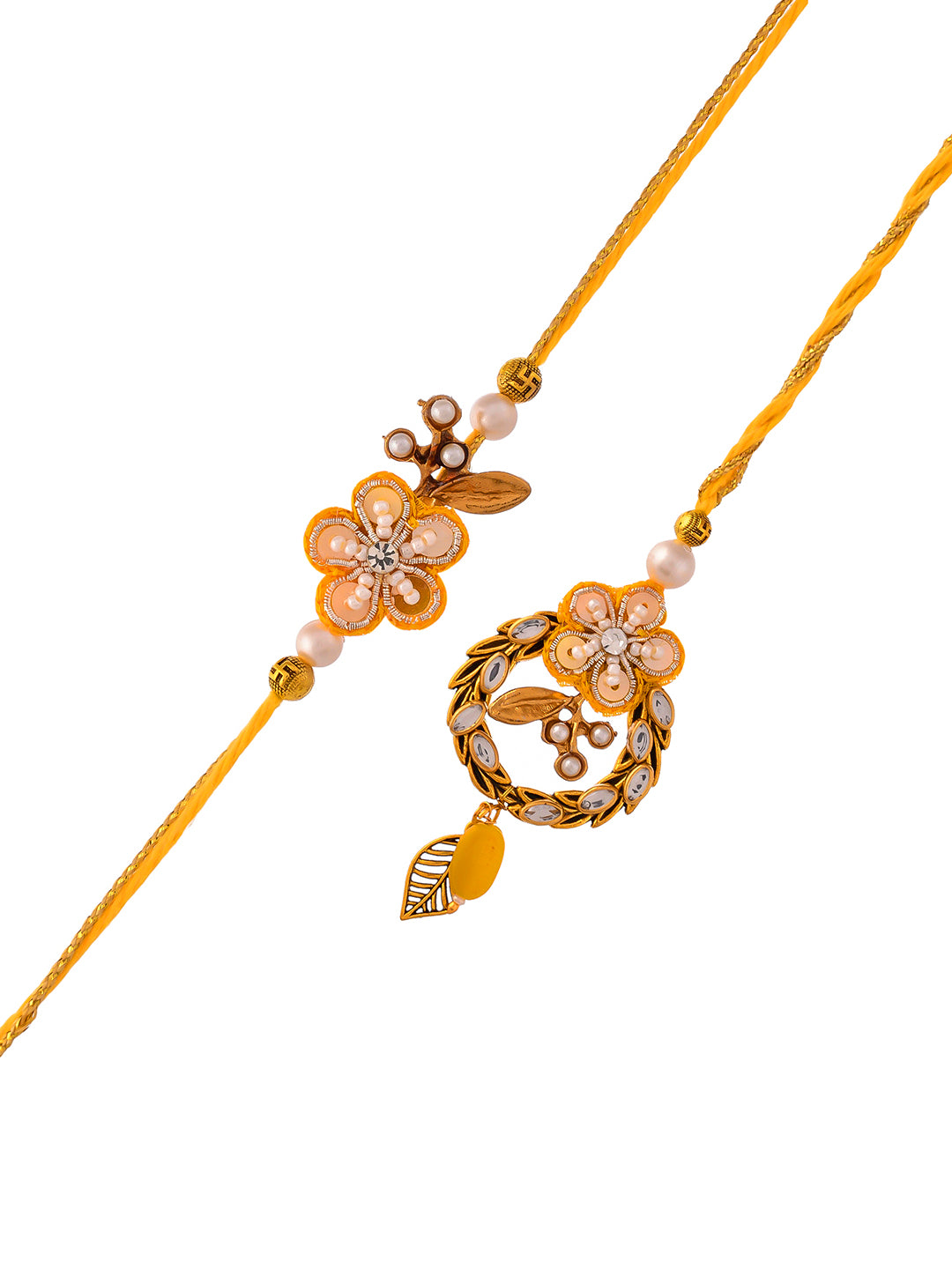 Vibrant Yellow Kundan & Beads Embellished Bhaiya Bhabhi Rakhi Set