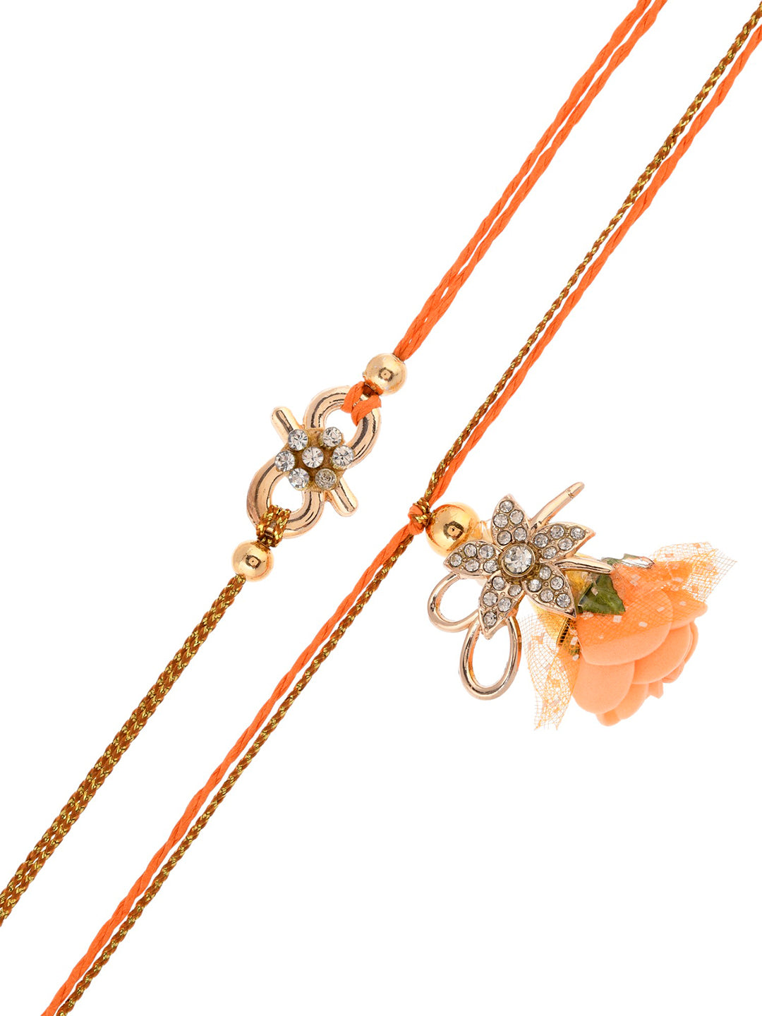 White Floral Designed Orange Net work Bhaiya Bhabhi Rakhi