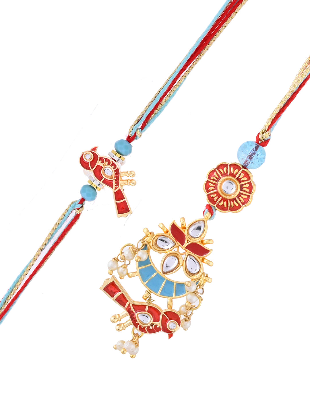 Festive Handcrafted Rakhi Pair with Meenakari Art and Pearl Drops