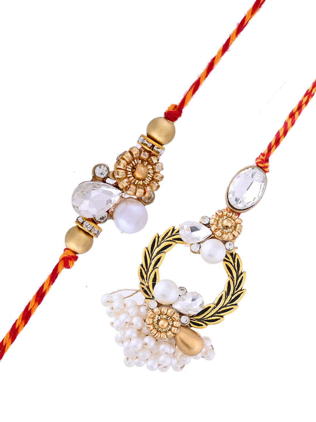 Elegant Festive Rakhi Pair with Kundan Motif and Pearl Tassels