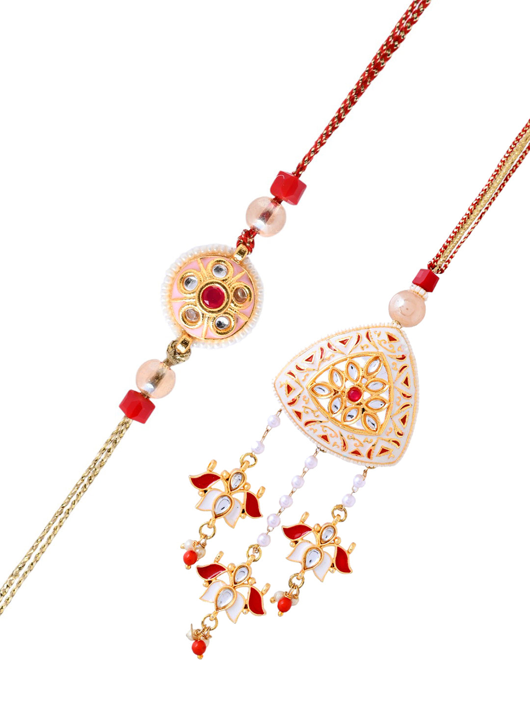 Ivory and Red Dangler Bhaiya Bhabhi Rakhi Set with Mini Ghunghroos