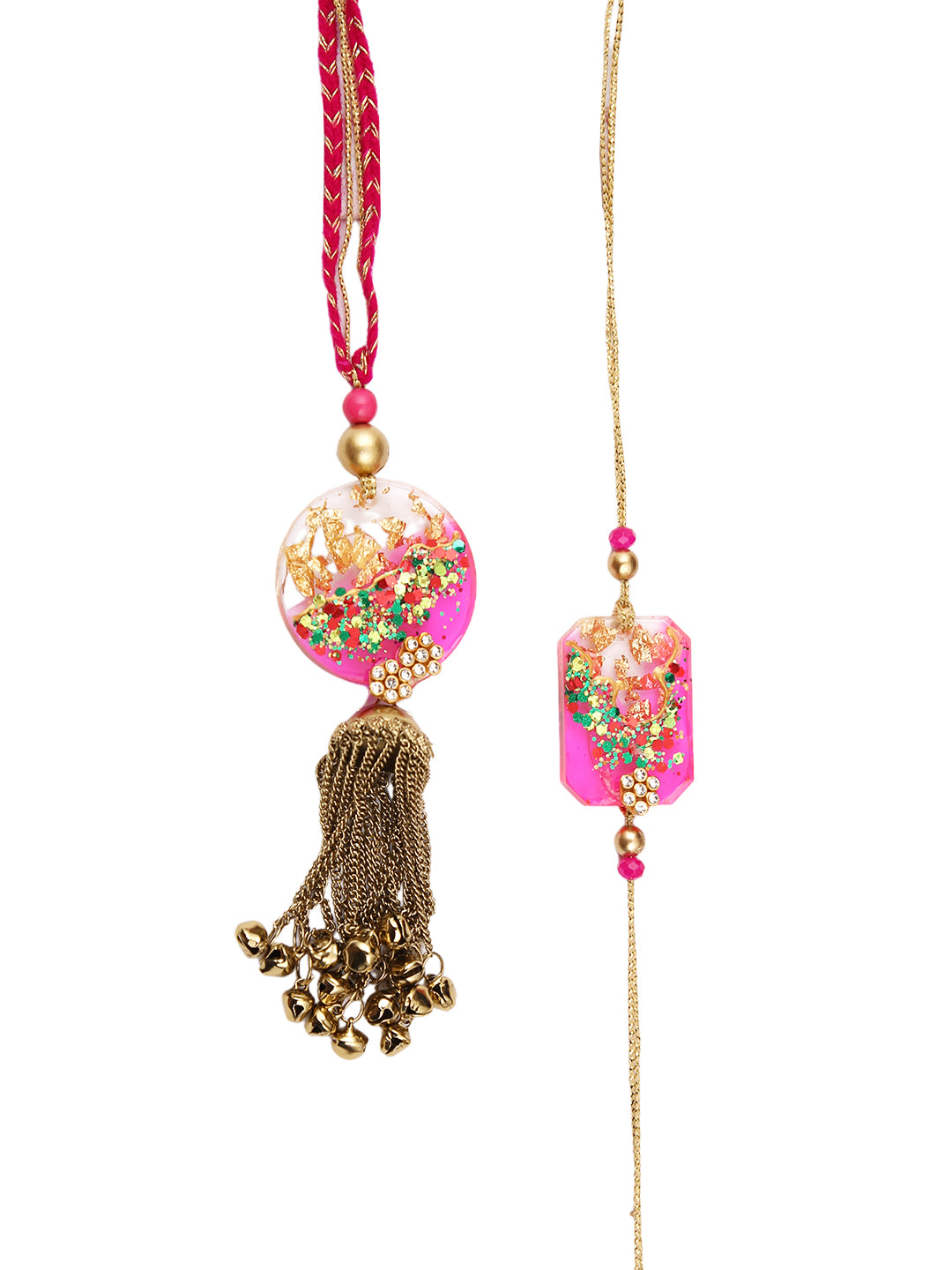 Multicolor Resin Work Pink & Gold Thread Bhaiya Bhabhi Rakhi