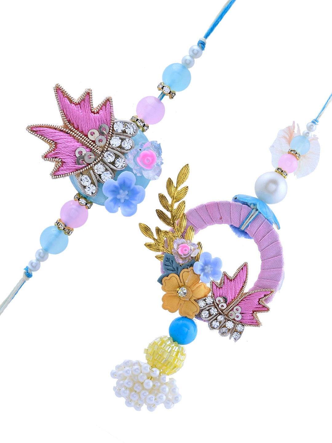 Pastel Blue Bhaiya Bhabhi Rakhi Set with Pearl Drops and Artistic Detailing