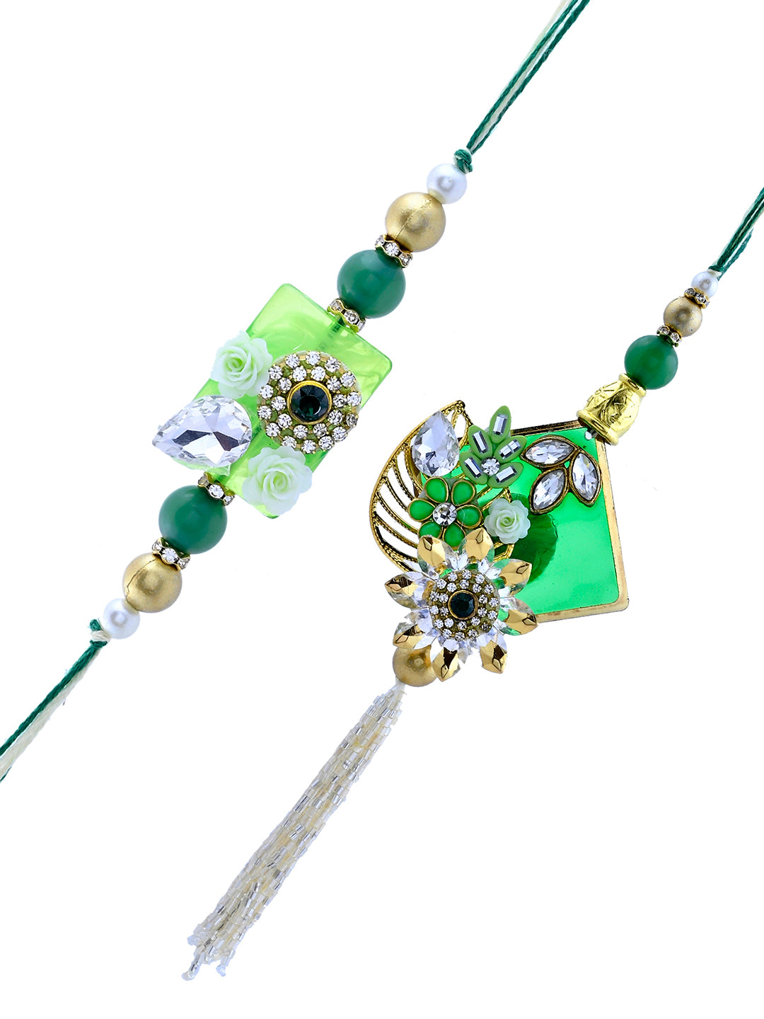 Royal Green Bhaiya Bhabhi Rakhi Set with Kundan and Floral Charm