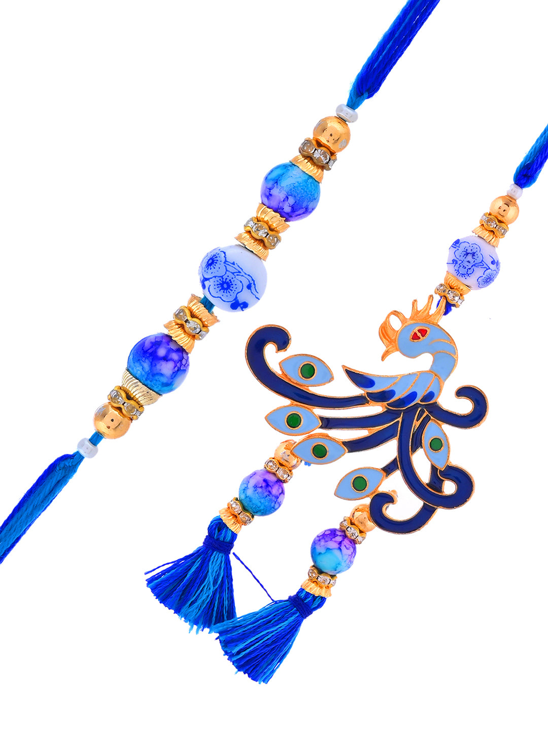 Majestic Peacock Bhaiya Bhabhi Rakhi Combo with Blue Ceramic Beads