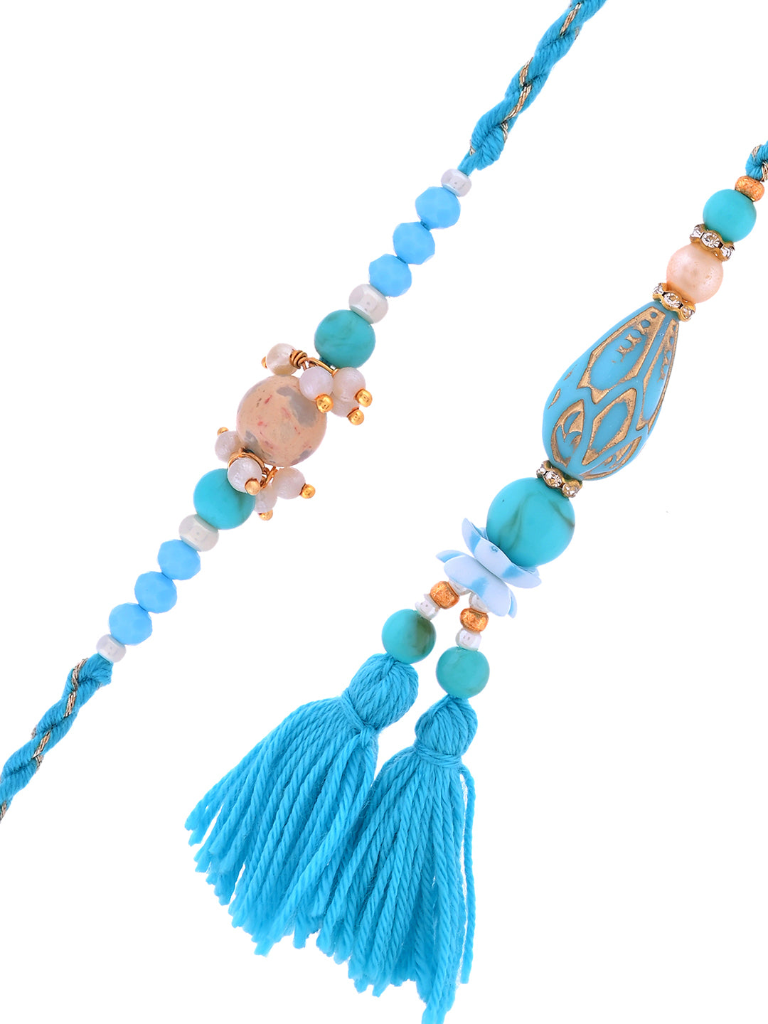 Handcrafted Rakhi Set with Blue Threadwork and Teardrop Beads