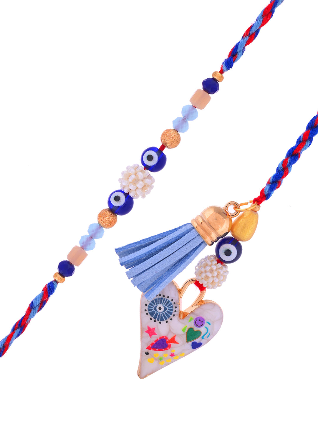 Nazar Suraksha Rakhi Set with Floral Heart and Blue Tassel