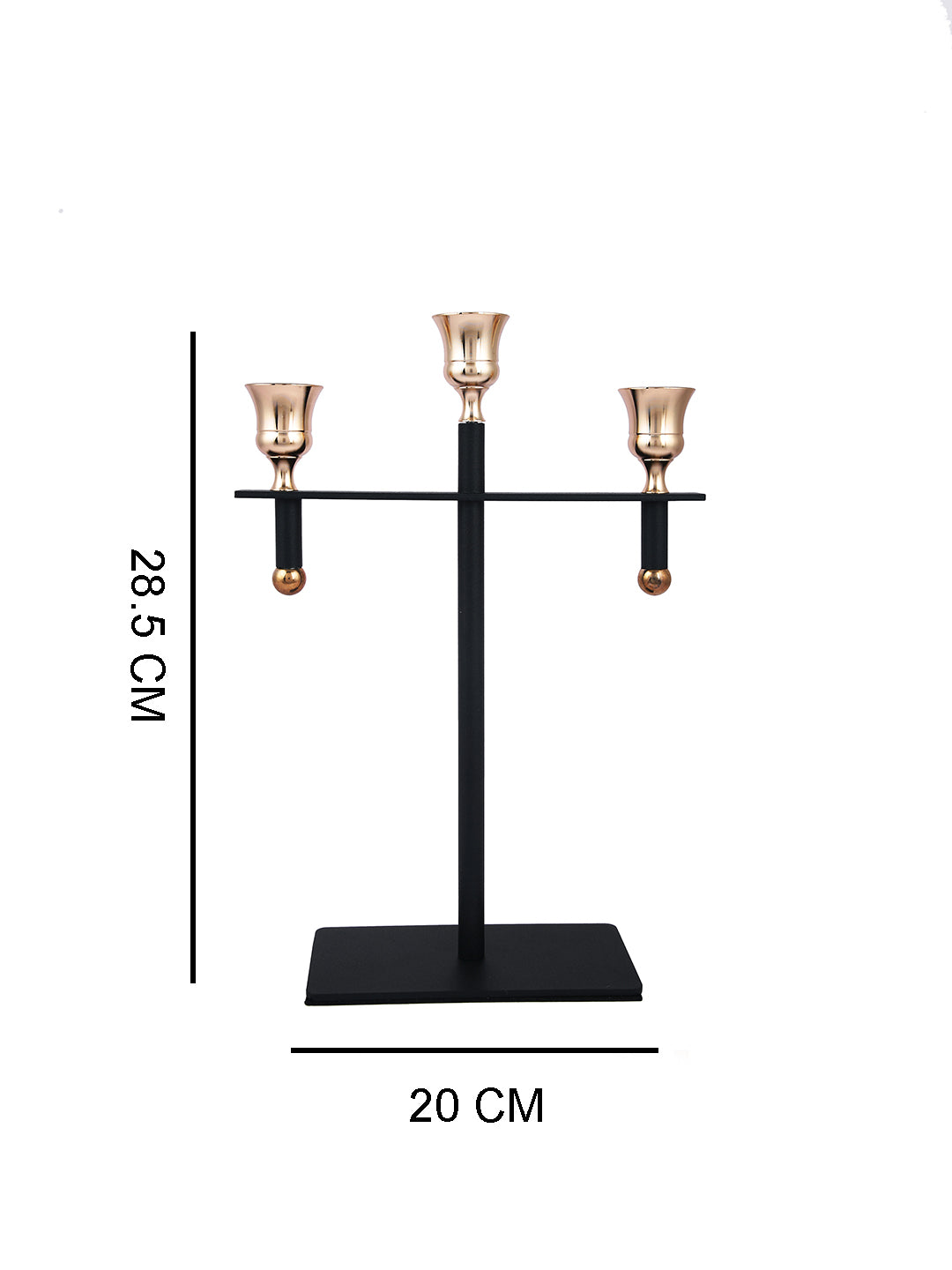 Gold Toned Black Trio Radiant 3 Arm Pillar Candle Holder