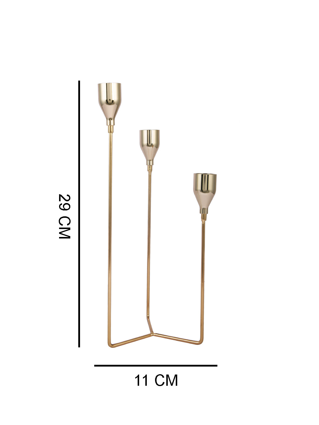 Gold Toned Solid 3 Arm Pillar Metal Candle Holder