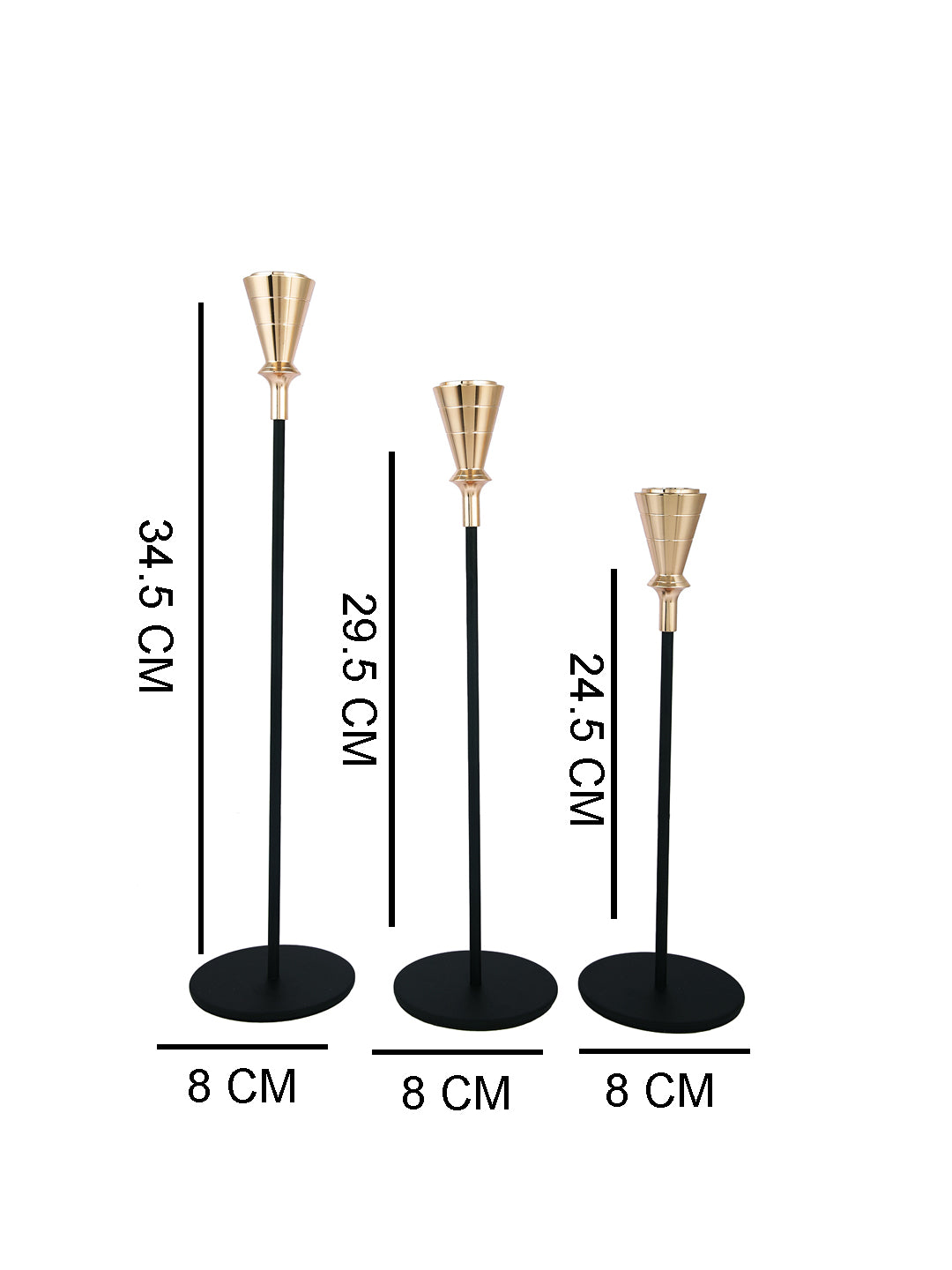 Gold Toned Black 3 Pieces Solid Pillar Metal Candle Holder