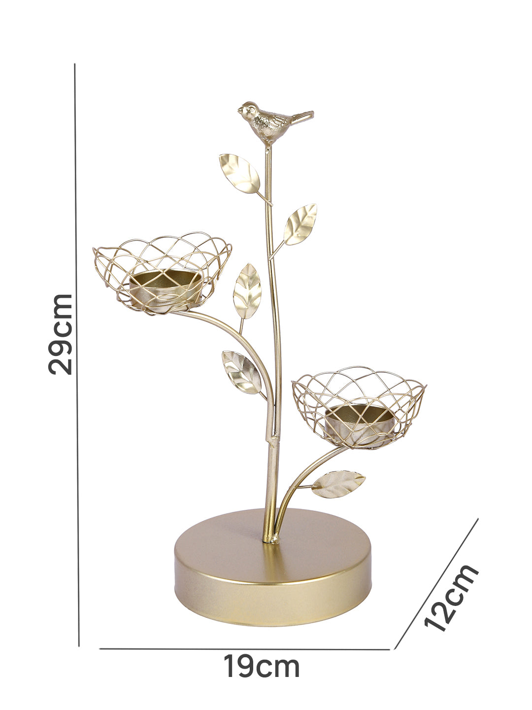Gold Toned Bird And Branch Textured Metal Candle Holder