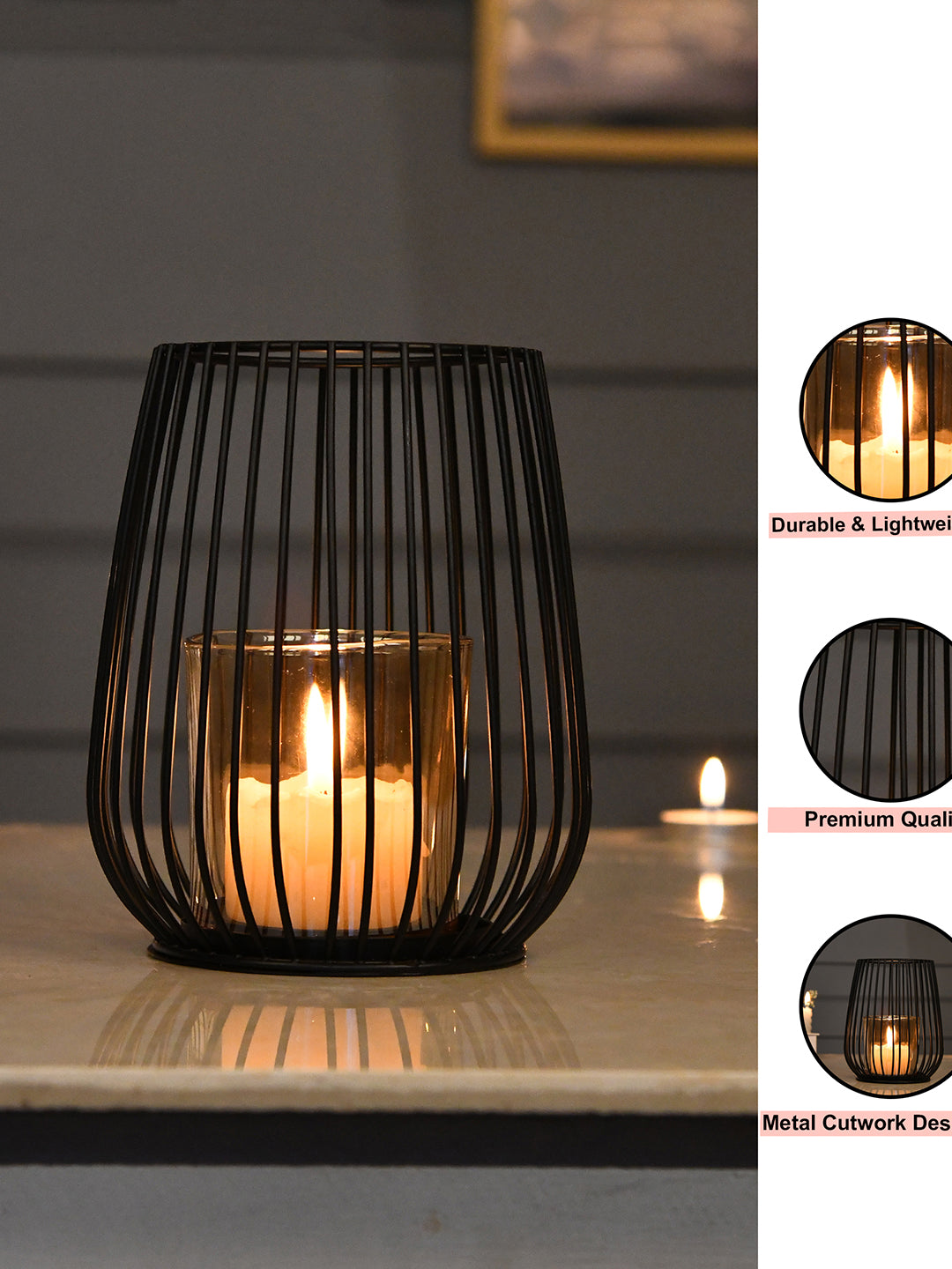 Black & Gold Toned Textured Metal Candle Holder With Glass