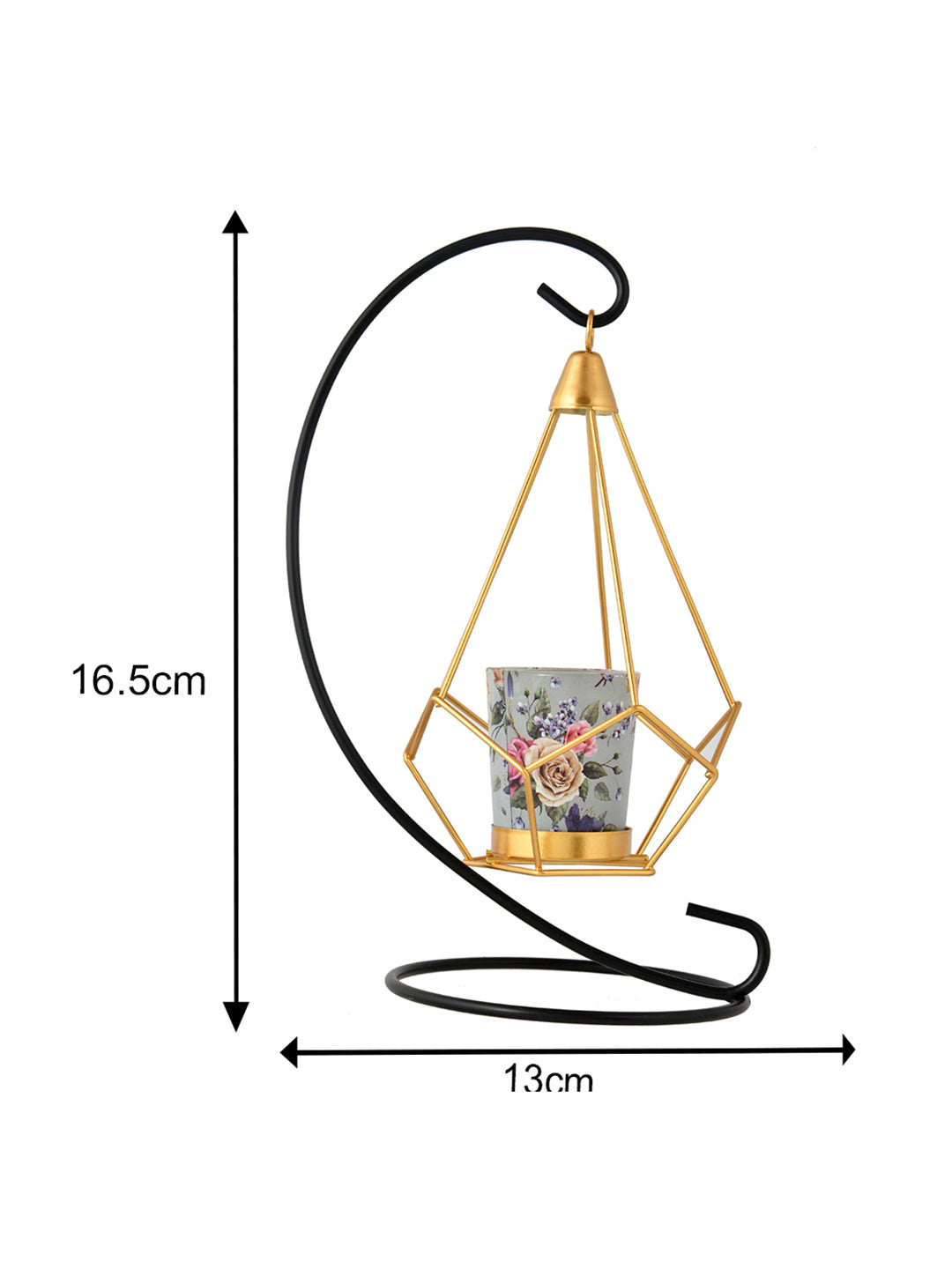 Black & Gold Toned Floral Printed Metal Glass Hanging Candle Holder
