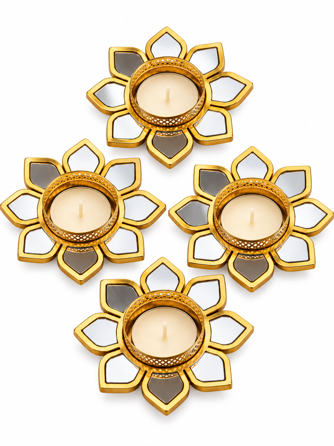 Decorative Gold & Silver Metallic Tealight Candle Diya Holders - Set of 4 (10 cm)