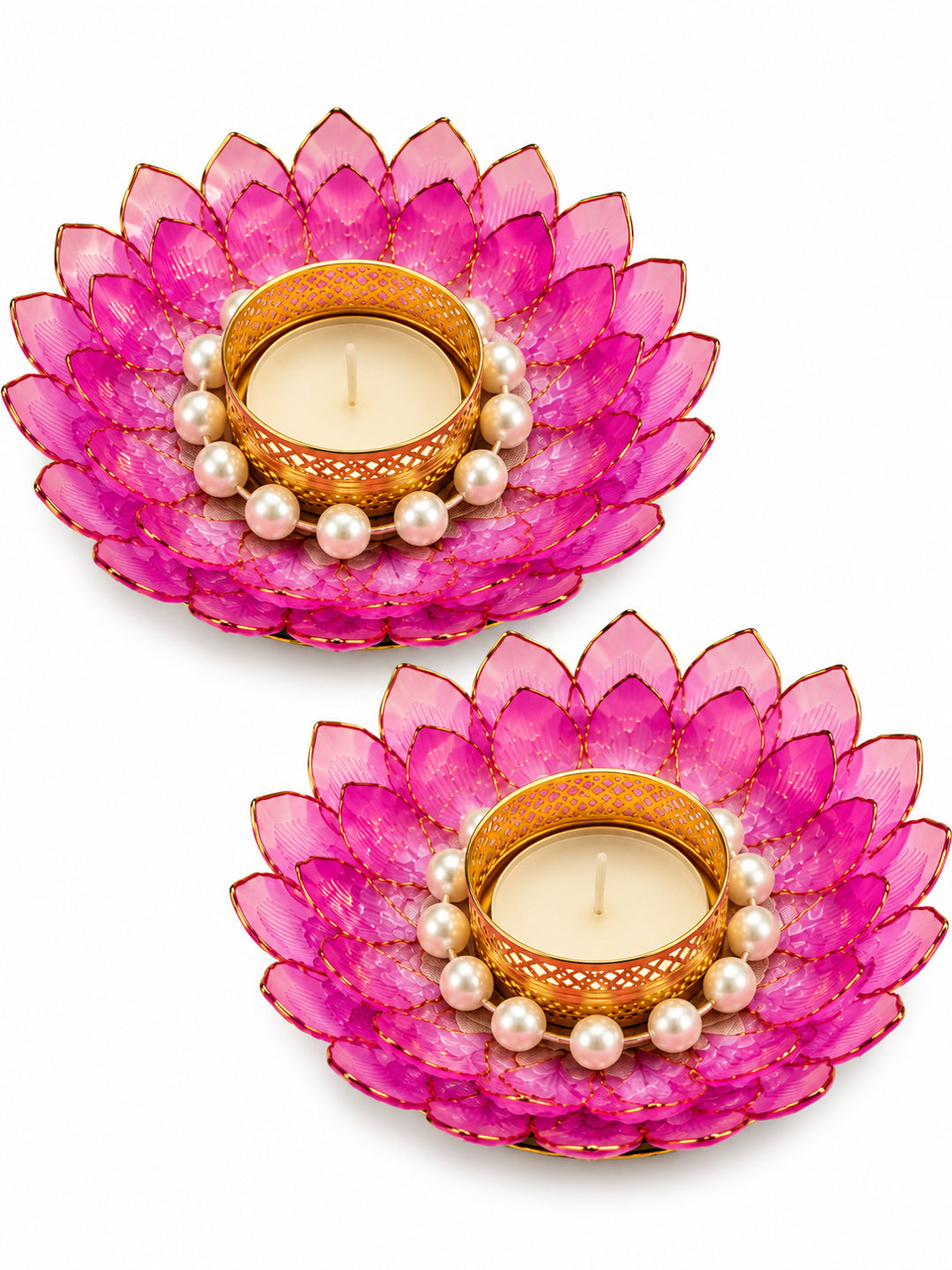Handcrafted Pink & White Floral Ring Tealight Candle Holders - Set of 2 (13 cm)