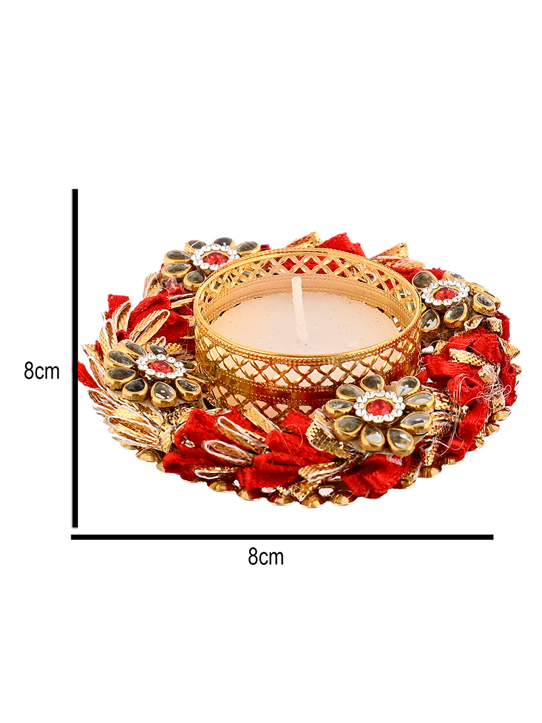 Red & Gold Toned 2 Pieces Embellished Metal Diyas With Tea Light Candles