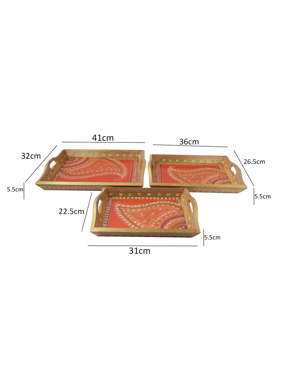 Traditional Printed Orange Tray Set of 3