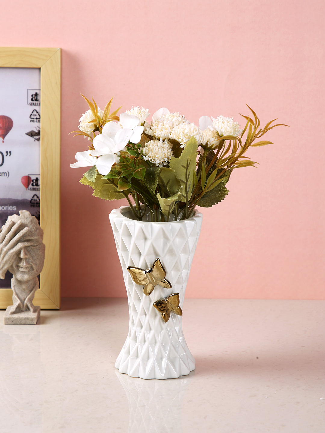 White Diamond Pattern Ceramic Flower Vase With Butterflies