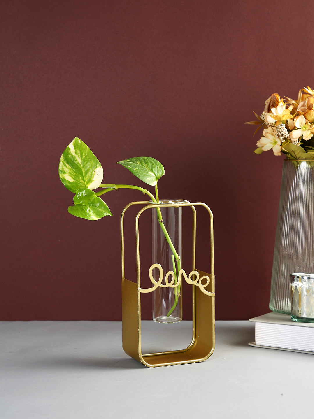 Golden Grace Transparent Glass Rectangular Frame Flower Vase