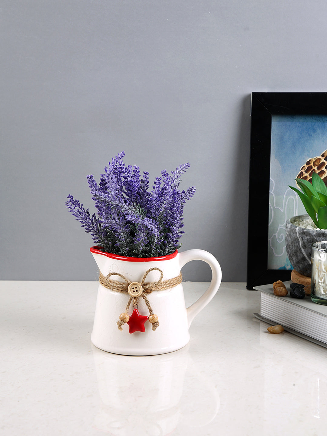 White & Red Rustic Charm Textured Ceramic Pitcher Flower Vase