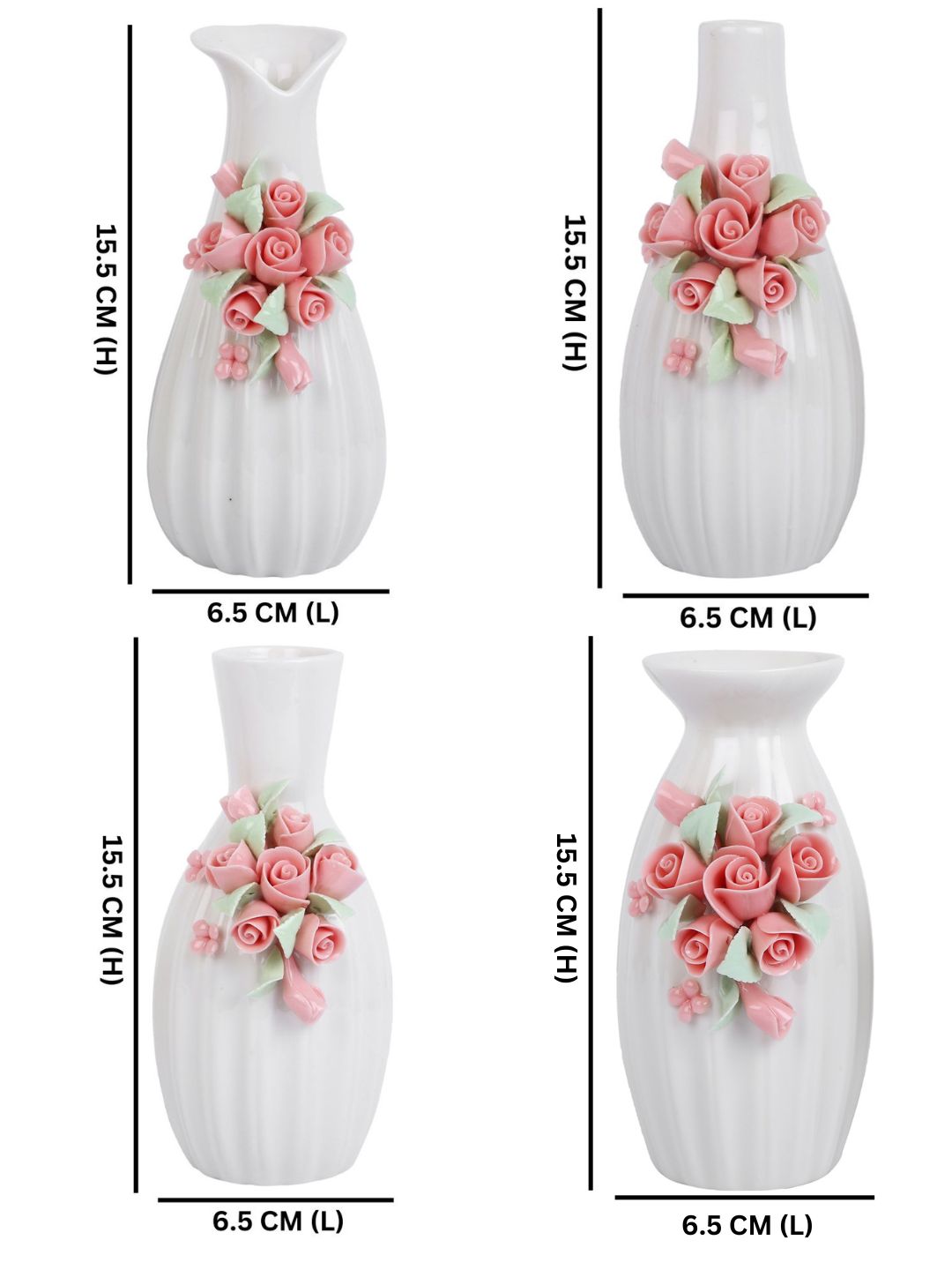 White & Pink 4 Pieces Textured Rose Ceramic Flower Vases