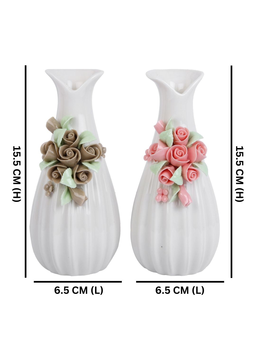 White & Beige 2 Pieces Textured Ceramic Bloom Flower Vases