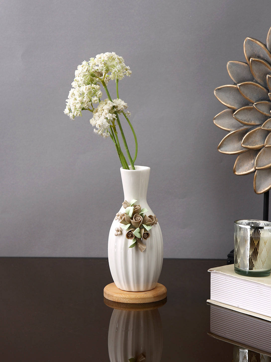 White Textured Ceramic Bloom Rounded Flower Vase
