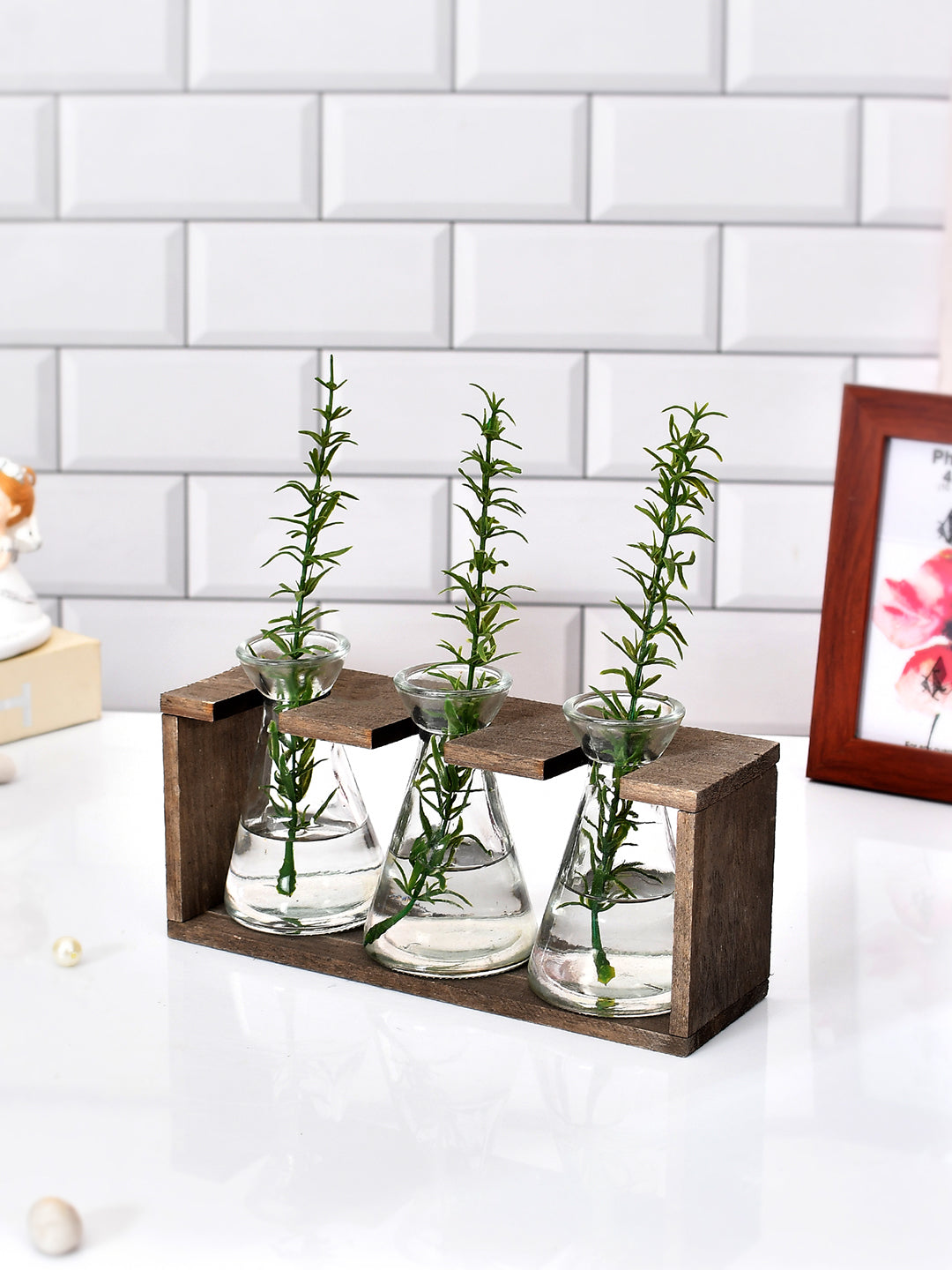 Wooden Transparent Oraganised Vase Holder with Set of 3 Vases