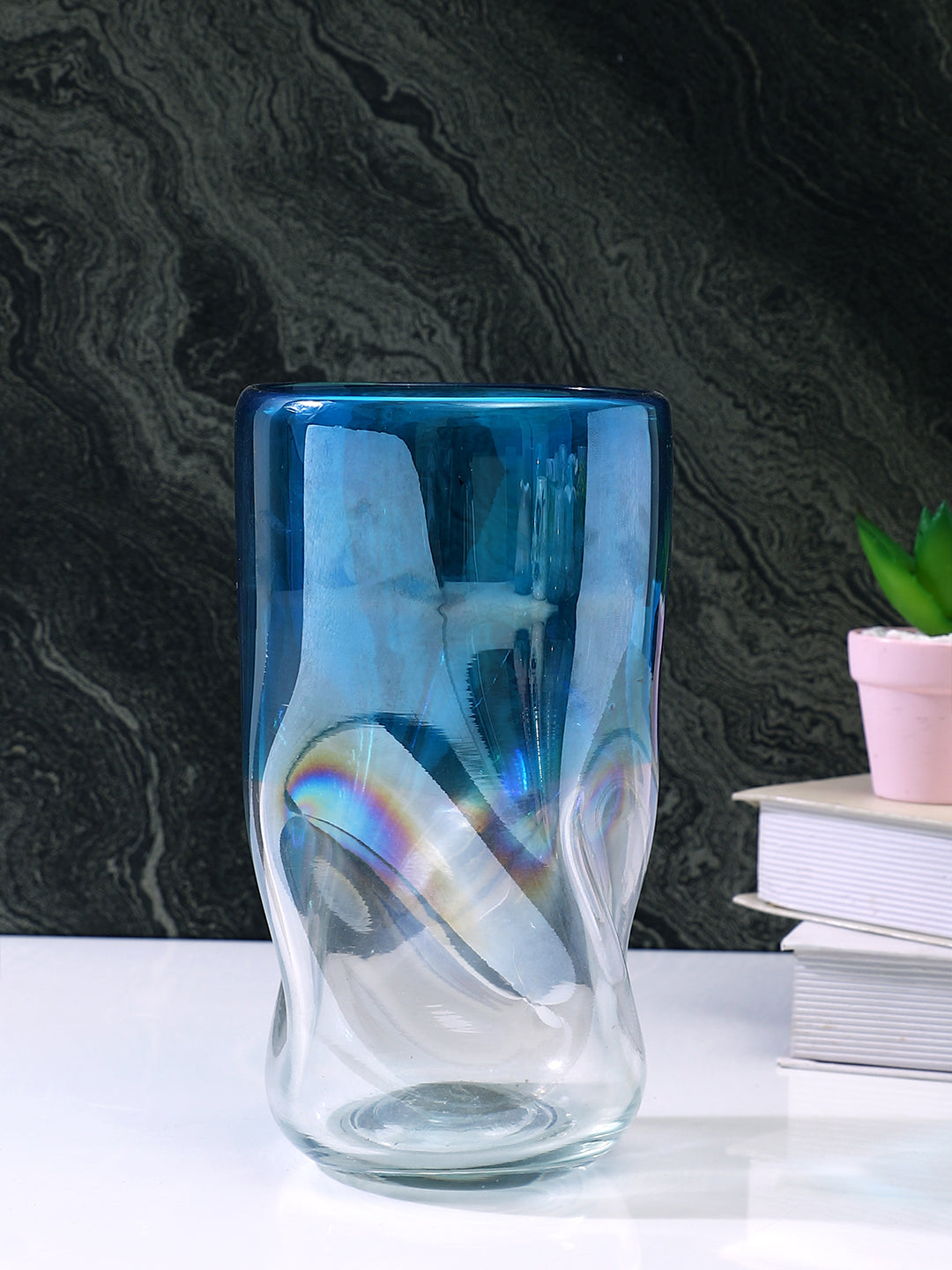 Azure Blue & White Wave Printed Glass Flower Vase
