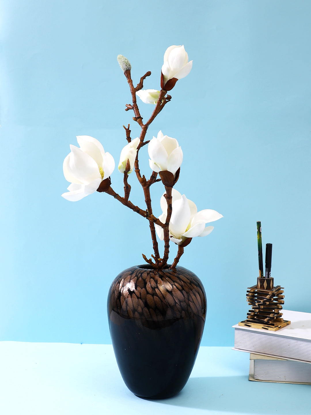Black & Gold-Toned Speckled Glass Amber Flower Vase