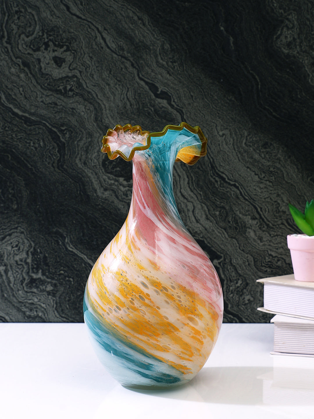 Yellow & Blue Ruffled Glass Flower Vase