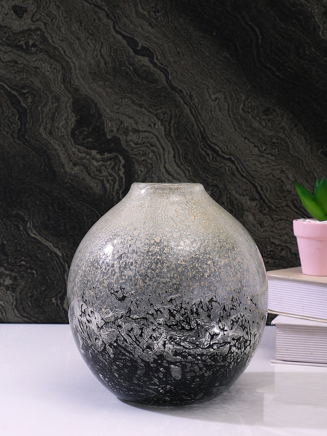 Black & Grey Textured Glass Globe Vase
