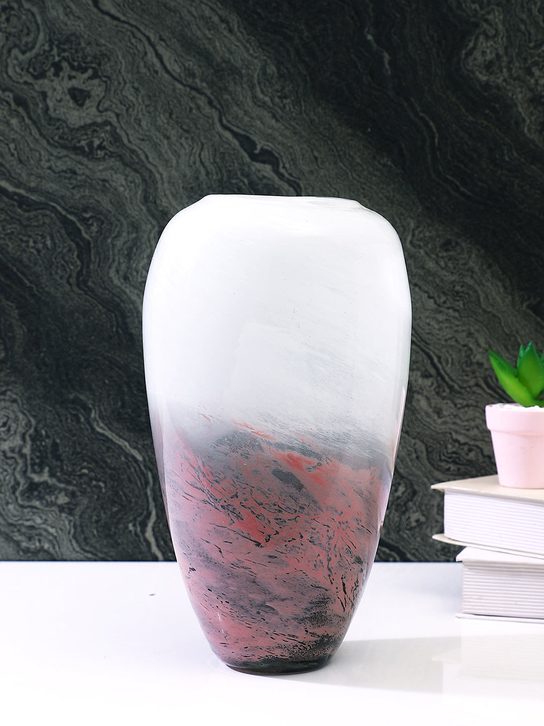 White & Brown Marble Finish Glass Flower Vase