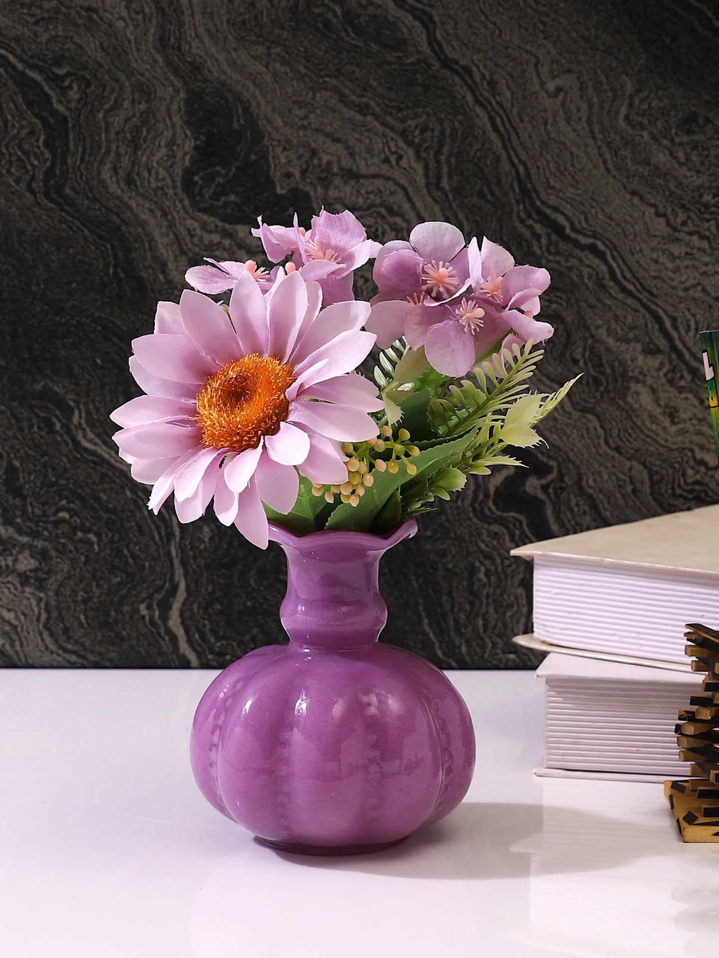 Vibrant Purple & White Ruffled & White Glass Flower Vase