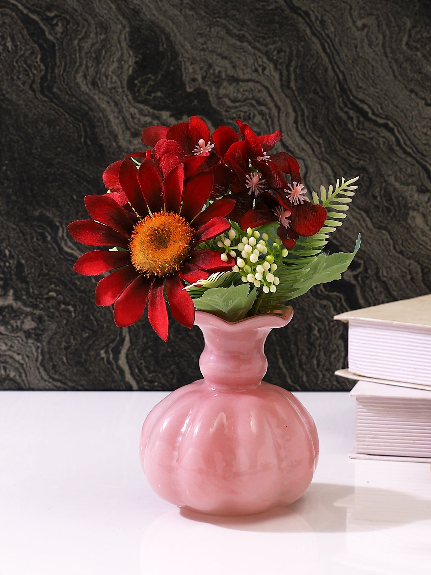 Peach-Coloured & White Ruffled Glass Flower Vase
