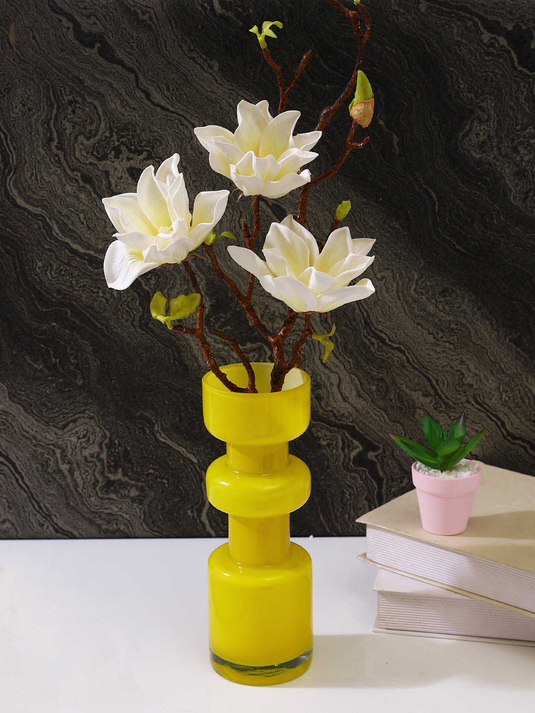 Yellow & White Textured Glass Flower Vase