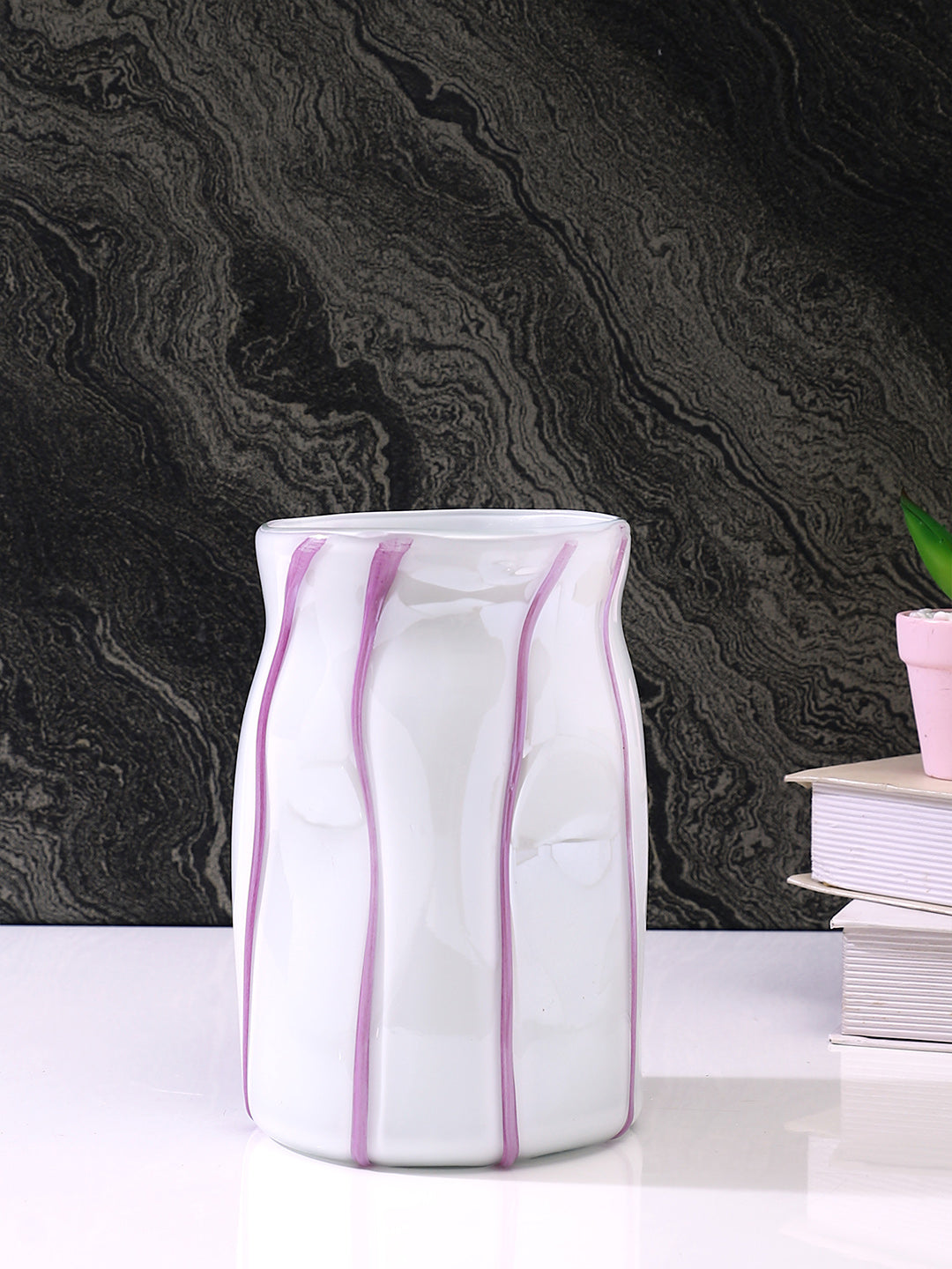 White & Purple Striped Glass Flower Vase