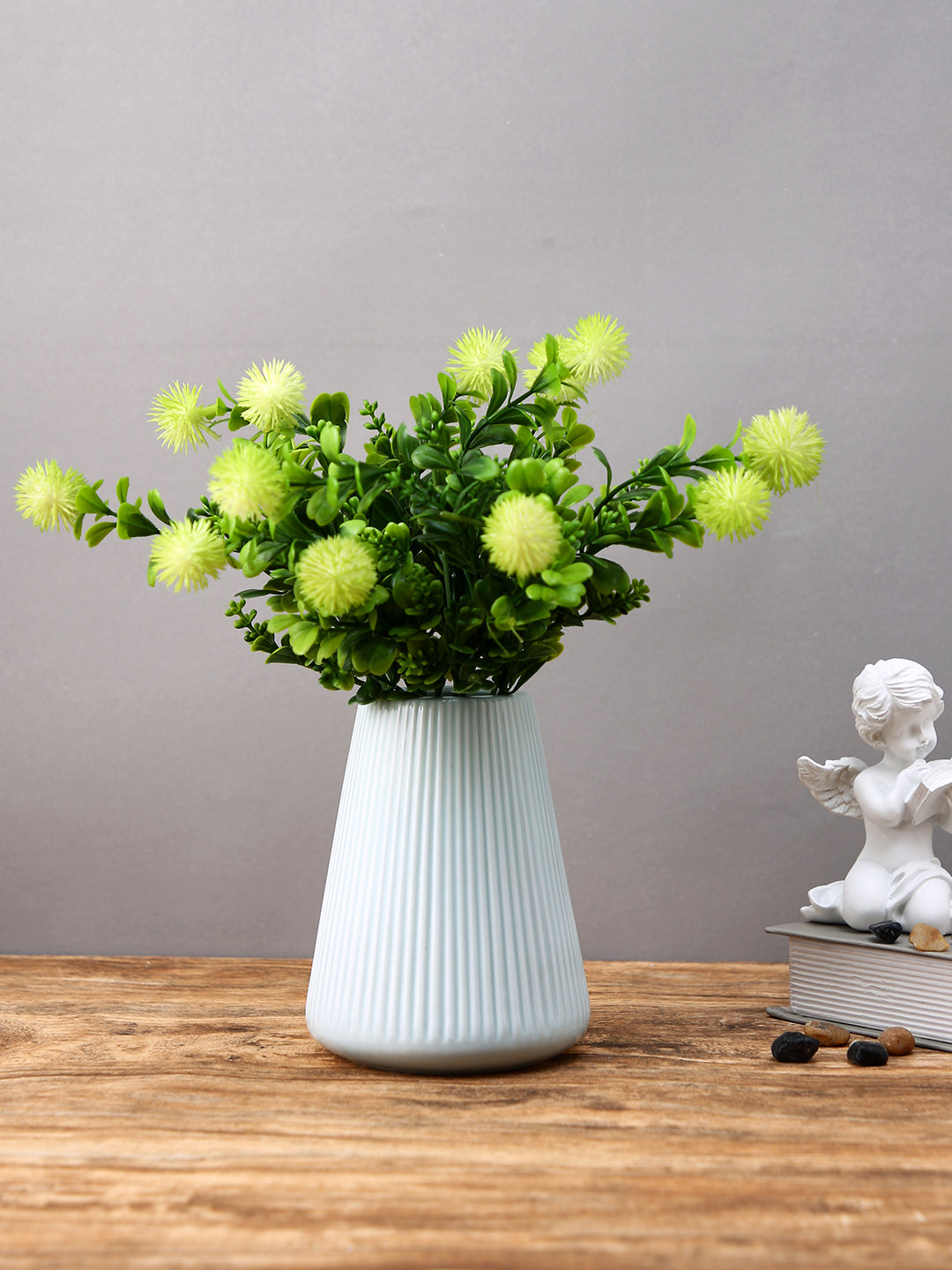 Serene Sky Blue Striped Ceramic Fluted Flower Vase
