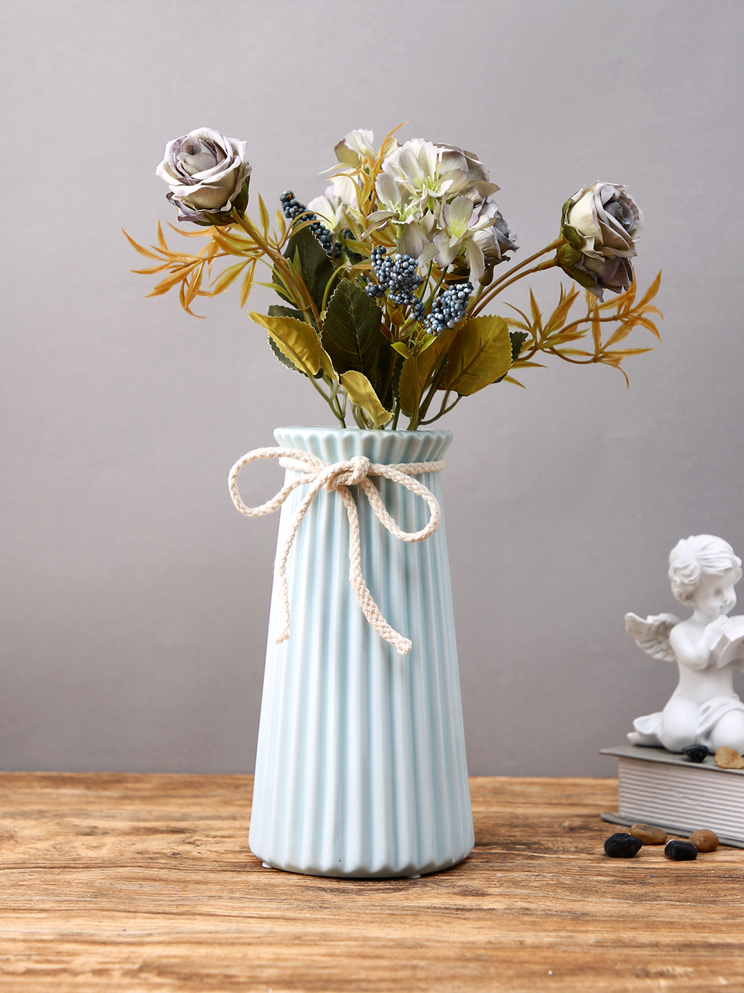 Azure Charm Blue & Beige Striped Ceramic Rope Flower Vase