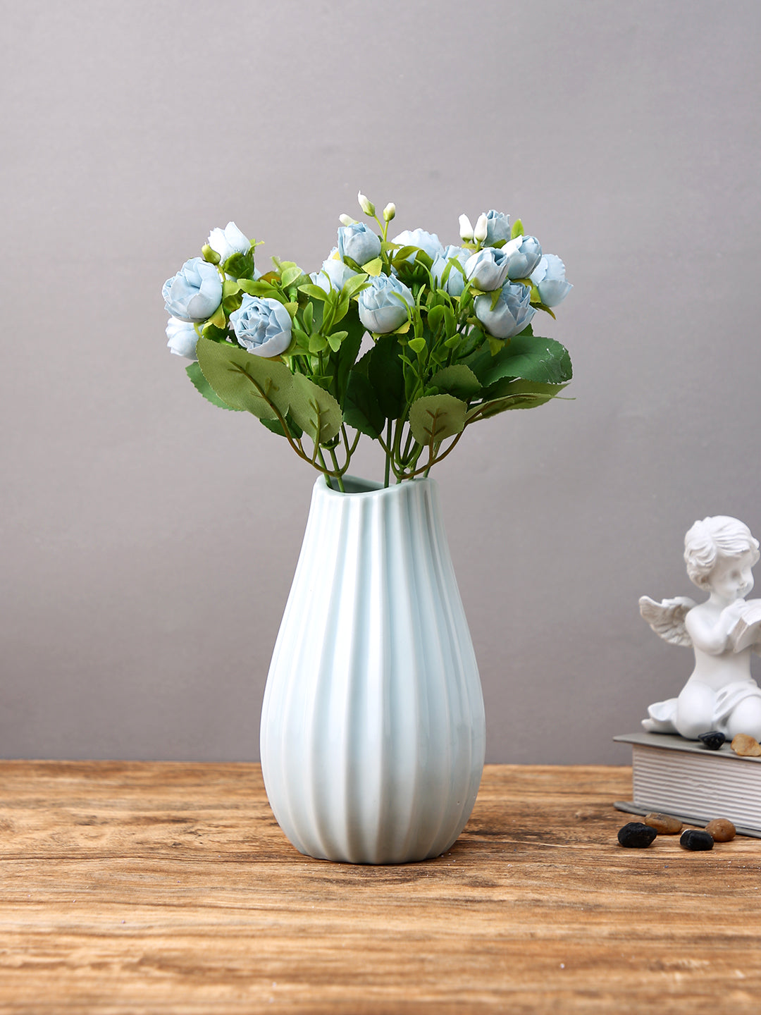 Blue Ripple-Striped Ceramic Flower Vase