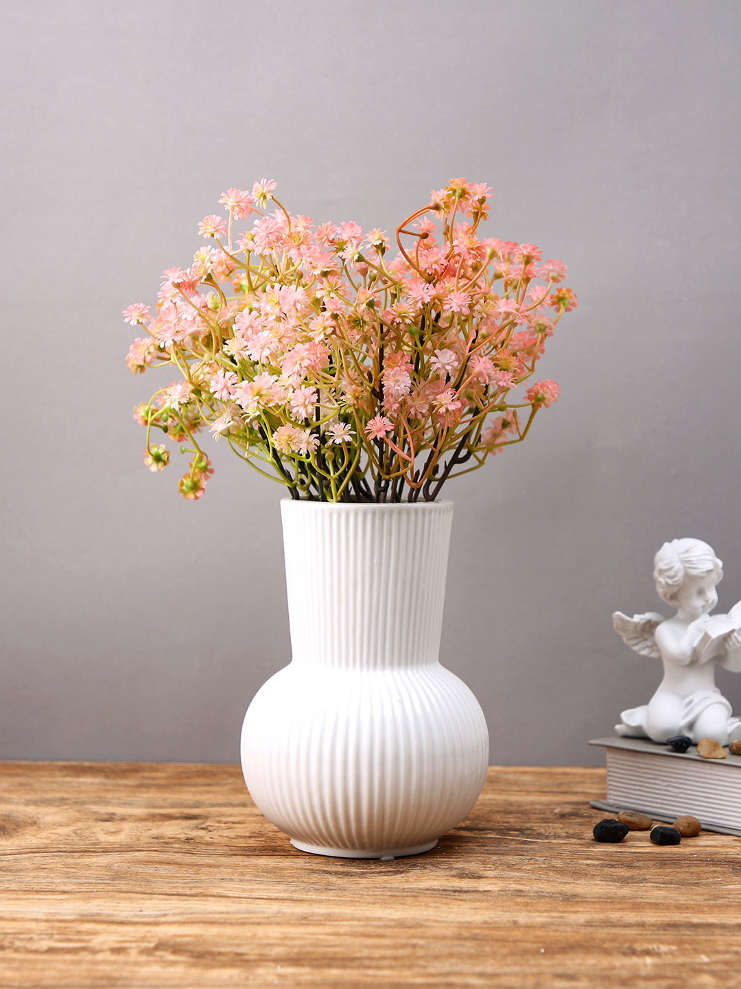 Ivory Bloom White Striped Ceramic Flower Vase