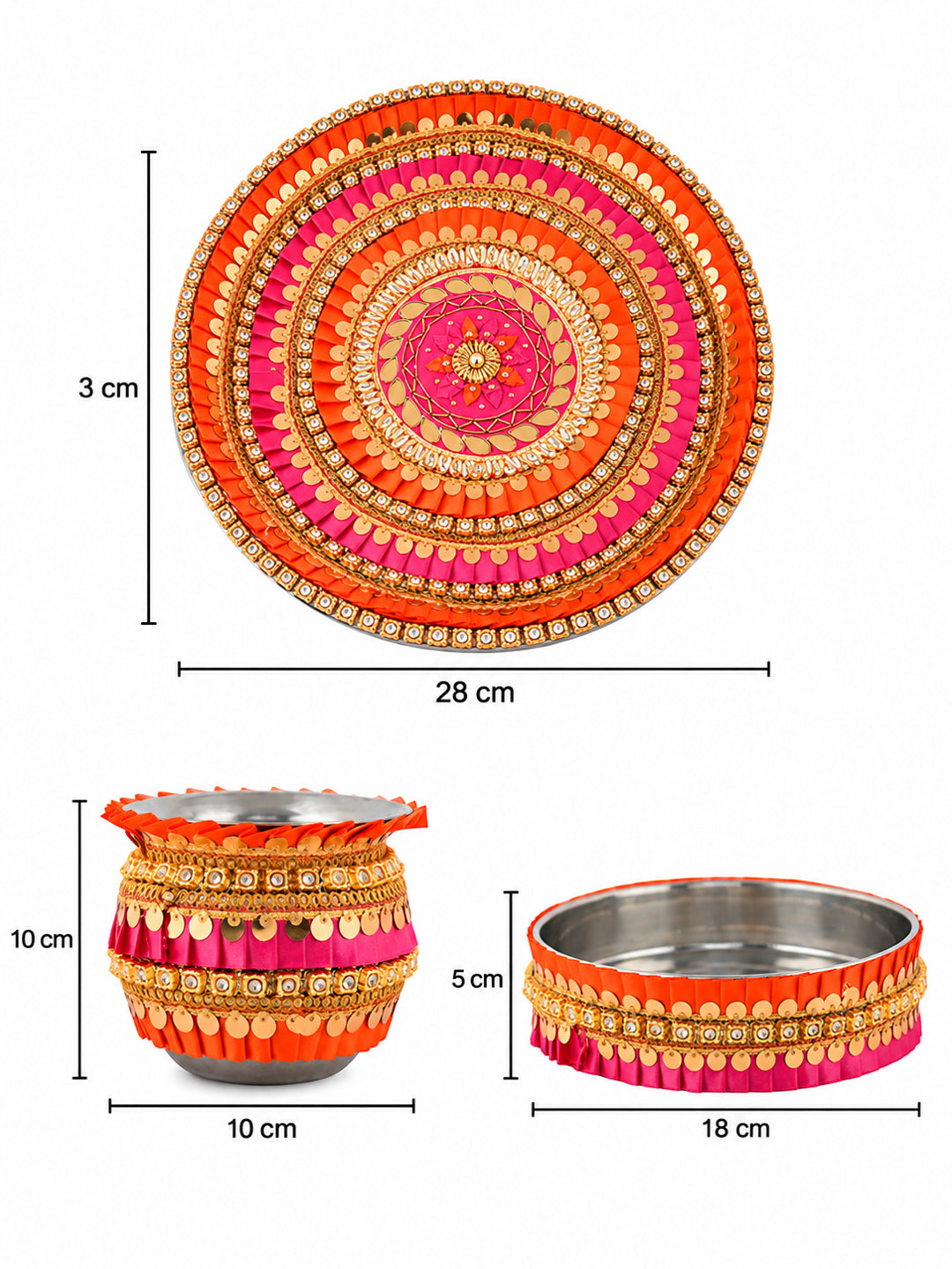 Yellow & Pink Embellished Pooja Thali With Lota & Challni