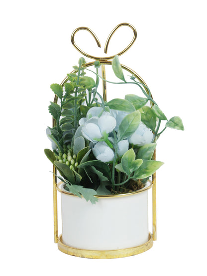 Blue and Green Artificial Plant with Flowers and Gold Plated Metel Stand - Default Title (APL20177BL)