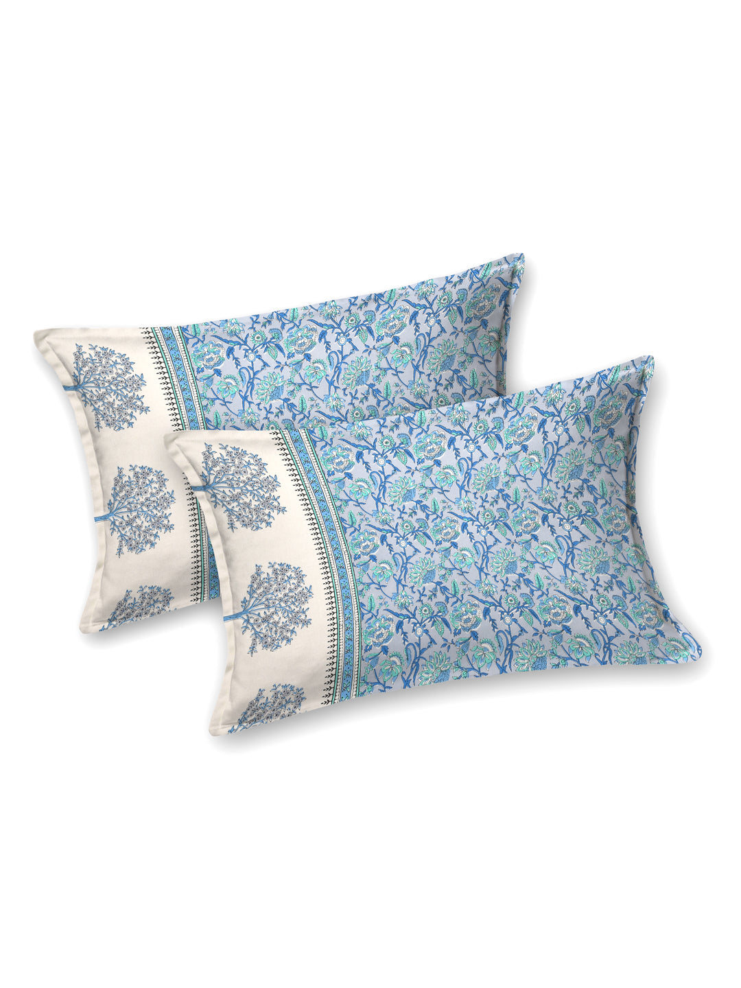 Blue Floral Symphony Cotton Double Bedsheet with 2 Pillow Covers