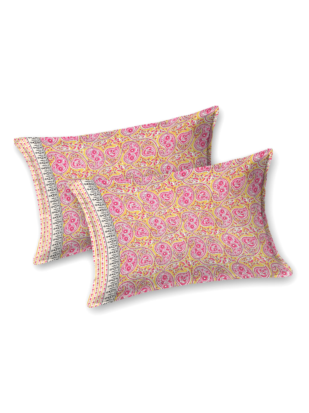 Heritage Hues Pink & Yellow Cotton Double Bedsheet with 2 Pillow Covers