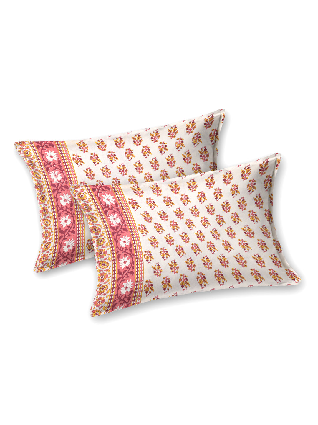 Ajmer Aangan Pink & Yellow Cotton Double Bedsheet with 2 Pillow Covers