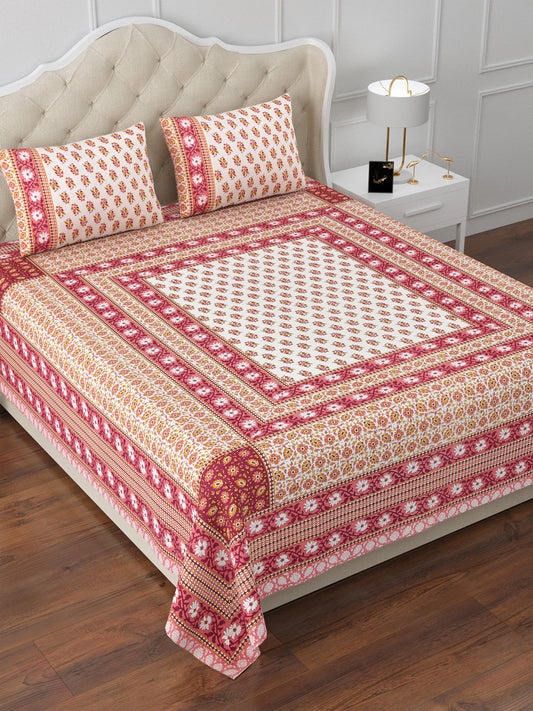 Ajmer Aangan Pink & Yellow Cotton Double Bedsheet with 2 Pillow Covers