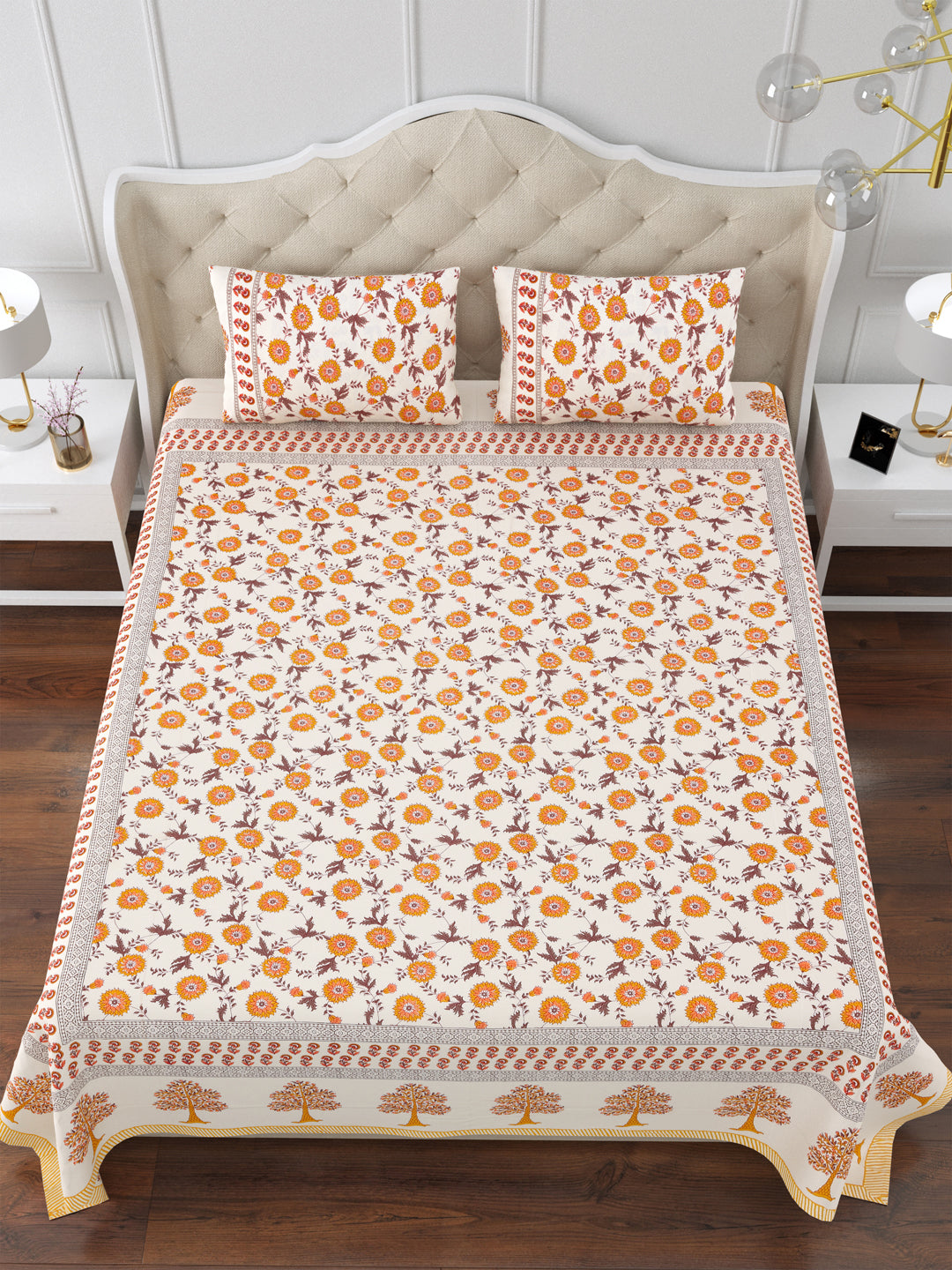 Orange Horizon Cotton Double Bedsheet with 2 Pillow Covers