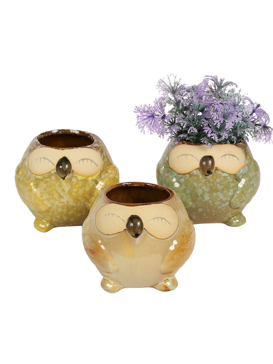 Multicolor Owl Design Ceramic Pot - Set of 3 - Default Title (CH18389B)