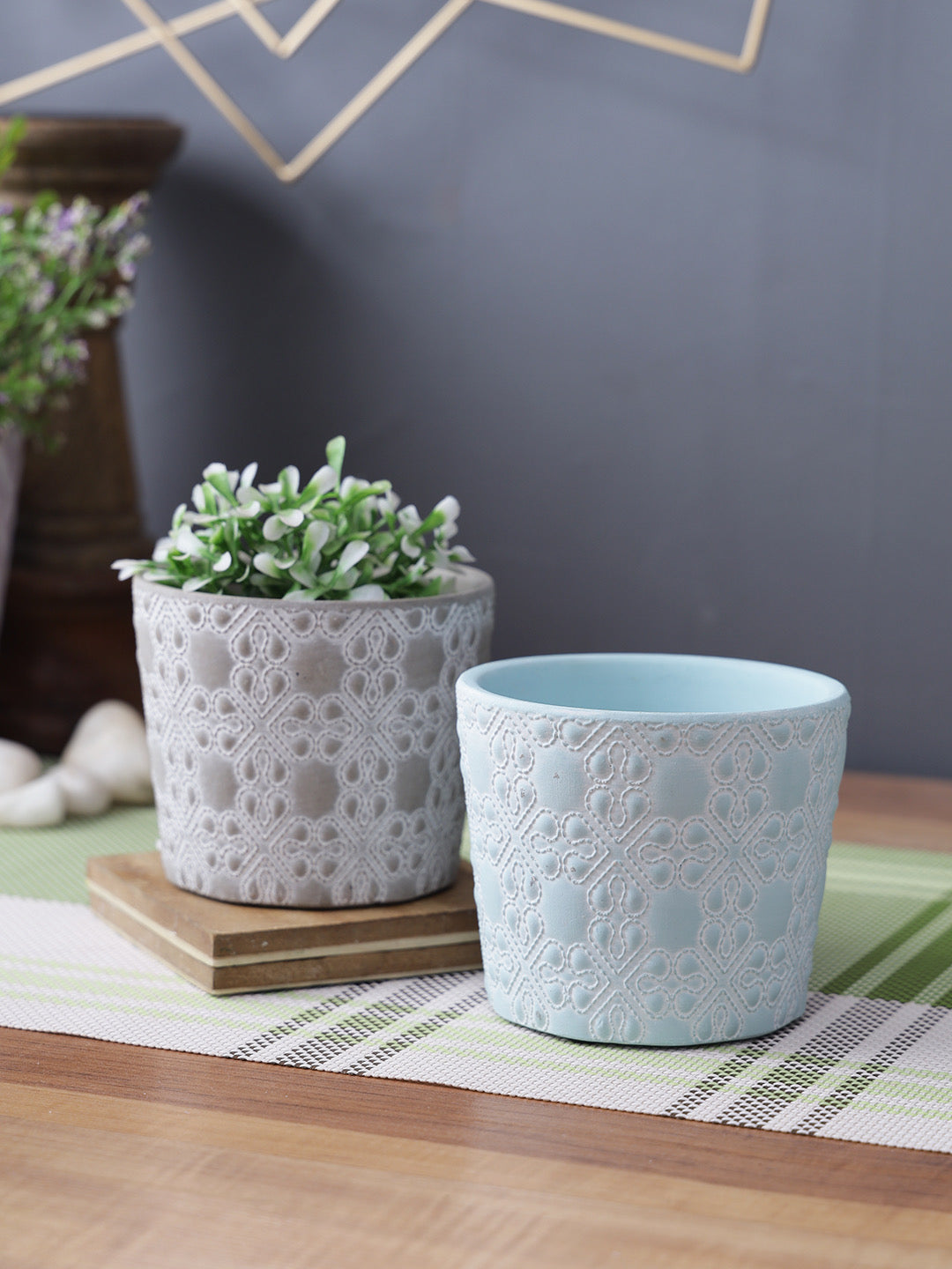 Two Blue and Grey Flower design Planters - Default Title (CH210077_2)